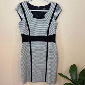 Black & White Houndstooth Midi Dress with Contrast Waist and Panels